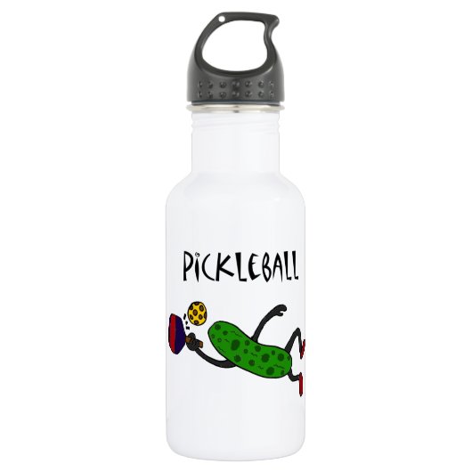 Lustige Springenessiggurke, die Pickleball spielt Trinkflasche (Vorderseite)
