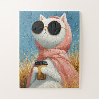 lustige stilvolle Katze mit Sonnenbrille und Rosa Puzzle