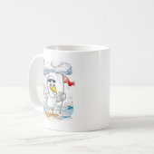 Lustige Strandwind-Postkarte mit Vogel Kaffeetasse (Vorderseite Links)