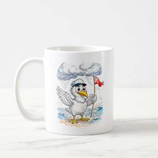 Lustige Strandwind-Postkarte mit Vogel Kaffeetasse (Links)