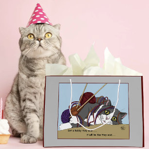 Lustige Strickkatze verhedderte Wolle Hobby Humor Große Geschenktüte
