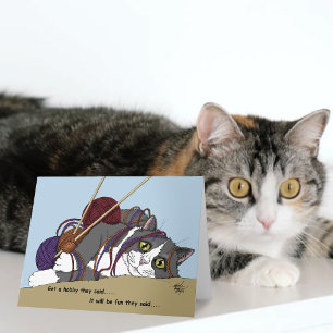 Lustige Strickkatze verhedderte Wolle Hobby Humor Karte
