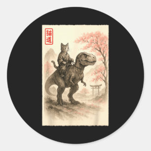 Lustige Sumi-e Kawaii Katze Reitet Dinosaurier Jap Runder Aufkleber