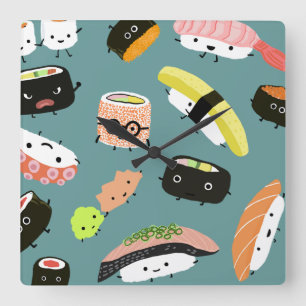 Lustige Sushi-Figuren auf Türkis (anpassbar) Quadratische Wanduhr