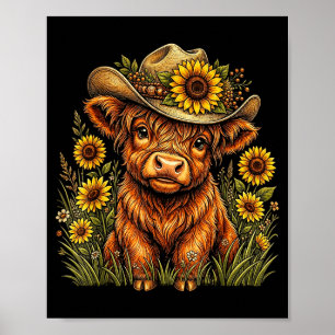 Lustige süße Highland-Kuh Sonnenblume floraler Bau Poster