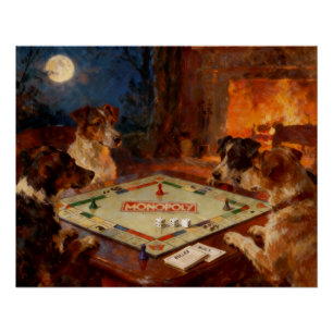 Lustige süße Hunde spielen ein Brettspiel Poster