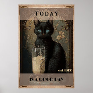 Lustige süße schwarze Katze trinkt Milch Poster