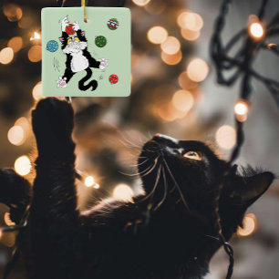 Lustige süße schwarze weiße Smokingkatze Feiertag Keramikornament