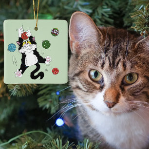 Lustige süße schwarze weiße Smokingkatze Feiertag Keramikornament