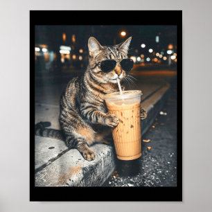 Lustige Tier-Meme Katze trinkt eisgekühlten Kaffee Poster