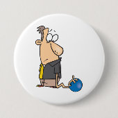 Lustige traurige Bowlingfigur mit Bowlingkugel Button (Vorderseite)
