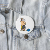 Lustige traurige Bowlingfigur mit Bowlingkugel Button (Beispiel)
