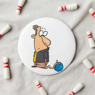 Lustige traurige Bowlingfigur mit Bowlingkugel Button