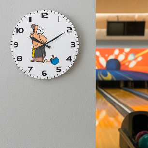 Lustige traurige Bowlingfigur mit Bowlingkugel Große Wanduhr