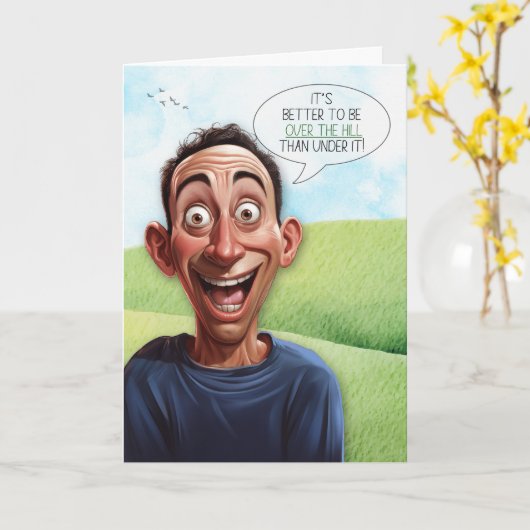 Lustige Über den Hügel Geburtstag Cartoon Mann Karte (Gelbe Blume)