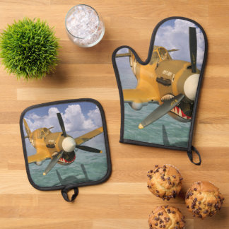 Lustige und Festliche Katzen-Pilot-Ofenhandschuhe Ofenhandschuh & Topflappen-Set