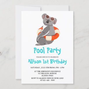 Lustige und süße Koala-Schwimmparty zum Geburtstag Einladung