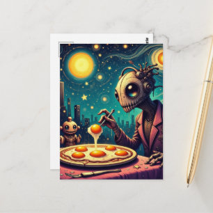 Lustige verrückte Roboter, die Spiegeleier essen Postkarte