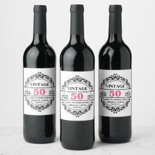Lustige Vintage 50. Schwarze und rosa Geburtstagsn Weinetikett