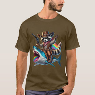 Lustige Vintage-Cowboy-Waschbär-Hai-Regenbogen-Kun T-Shirt