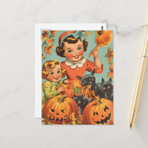 Lustige Vintage-Halloween-Mädchen Postkarte