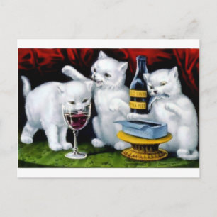 Lustige Vintage-Katzenparty mit Wein und Sardinen Postkarte