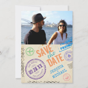 Lustige Vintage-Luftpoststempel-Typografie-Foto Save The Date