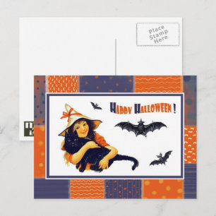 Lustige Vintage Mädchen Halloween Postkarte