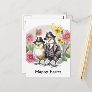 Lustige Vintage-Osterküken Rosa Gelbe Blumen Postkarte