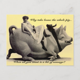 Lustige Vintage Postkartendame, die ein Schwein Postkarte