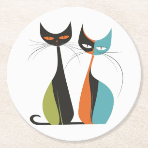 Lustige Vintage Retro MCM Katzen Türkis Orange Sch Runder Pappuntersetzer