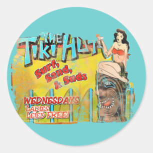 Lustige Vintage-Tiki-Hütte Runder Aufkleber