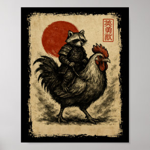 Lustige Vintage-Waschbär-Hahn-Huhn-Japanische Uki Poster