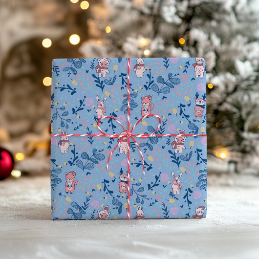 Lustige Waldtiere Blaues Winterwaldmuster Geschenkpapier