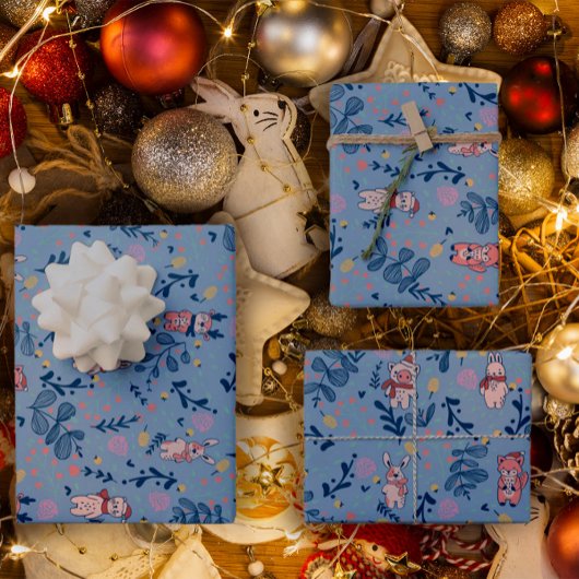 Lustige Waldtiere  Blaues Winterwaldmuster Geschenkpapier Set