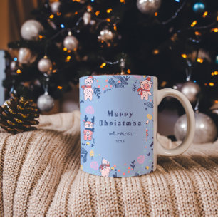 Lustige Waldtiere Blaues Winterwaldmuster Zweifarbige Tasse