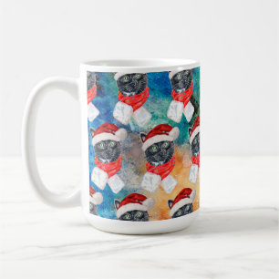 Lustige Weihnachten mit schwarzer Katze und rotem Kaffeetasse