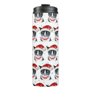 Lustige Weihnachten Schwarz-Weiß-Katze Aquarell Thermosbecher