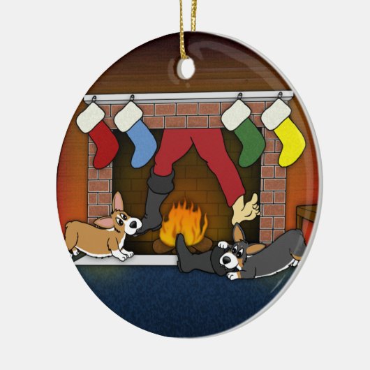 Lustige Weihnachtskamincorgis-Verzierung Keramikornament (Links)