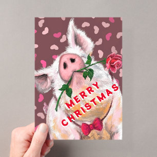 Lustige Weihnachtskarte Gentleman-Schwein mit Rose Acryleinladungen