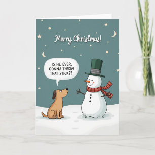 Lustige Weihnachtskarte Hund Schneemann Stöckchen  Karte