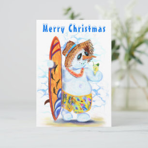 Lustige Weihnachtskarte mit Schneemann-Surfer