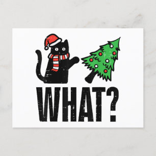 Lustige Weihnachtskatze kippt Weihnachtsbaum Feiertagspostkarte
