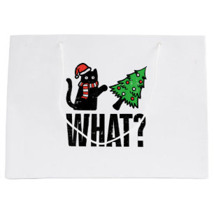 Lustige Weihnachtskatze kippt Weihnachtsbaum Große Geschenktüte
