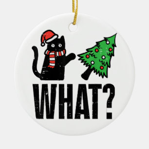 Lustige Weihnachtskatze kippt Weihnachtsbaum Keramik Ornament