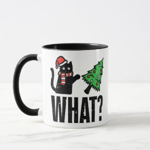 Lustige Weihnachtskatze kippt Weihnachtsbaum Tasse