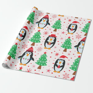 Lustige Weihnachtspinguine mit Feiertagsbäumen Geschenkpapier