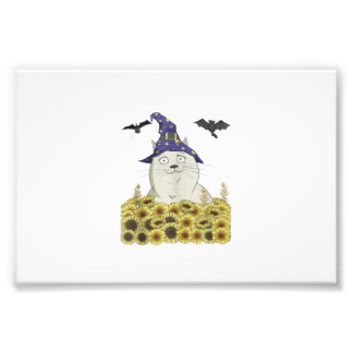 Lustige weiße Katze in Hexenhut Vintage Halloween Fotodruck