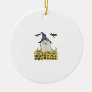 Lustige weiße Katze in Hexenhut Vintage Halloween Keramik Ornament