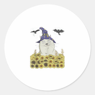 Lustige weiße Katze in Hexenhut Vintage Halloween Runder Aufkleber